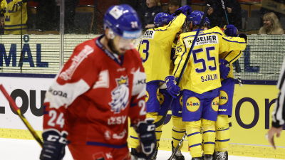 Svenska spelare firar 2–0-målet framför ögonen på Filip Pyrochta.