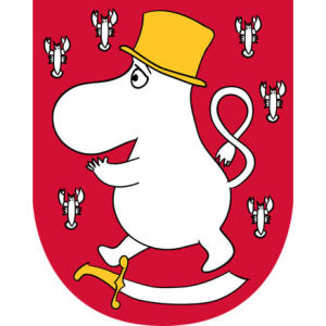 Sköld med ett mumintroll och kräftor