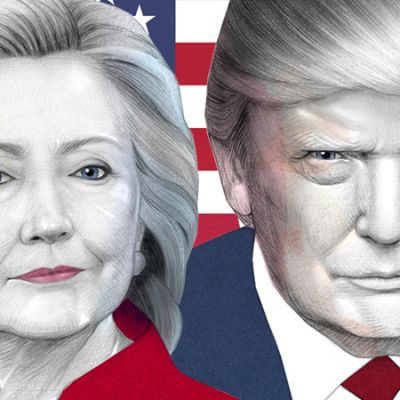 Piirroskuvitus, jossa Hillary Clinton, Donald Trump ja Amerikan lippu.