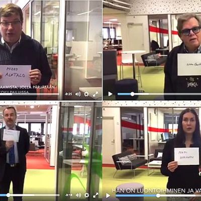 Arto Satonen, Mikko Alatalo, Arto Pirttilahti ja Tiina Elovaara näyttävät äänestystulokset.