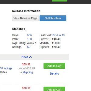 Så här kan det se ut i databasen Discogs. Man ser bland annat det högsta och det lägsta priset som någon har betalat för en LP. prislista för en vinylskiva på webbsajten Discogs