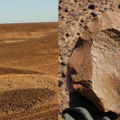 Saharan hiekkamaisemaa ja sieltä löydetty kivityökalu