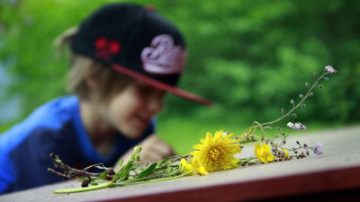 Pojke med försommarblomster.