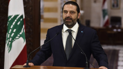 Libanonin pääministeri Saad Hariri puhui tiedotustilaisuudessa 18. lokakuuta 2019.