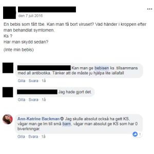 Facebookdiskussion år 2016 om att ge silvervatten till en bebis. Facebook-diskussion om att ge kolloidalt silver till bebisar mot tbe.