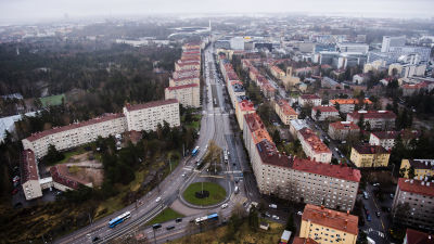 Flygfotografi av Mannerheimvägen i Helsingfors maj 2021.