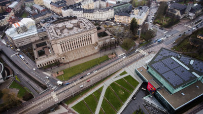 Flygfotografi av riksdagshuset maj 2021.