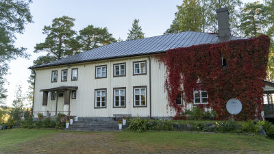 En äldre träbyggnad med vildvin växer på en del av fasaden.