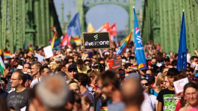 Hundratals personer marscherar i prideparad.
