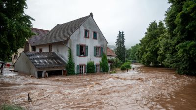 Översvämningar i Tyskland. vatten forsar förbi ett hus