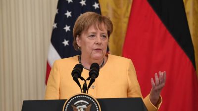 Angela Merkel under besöket i Vita huset och mötet med Joe Biden den 15 juli 2021.