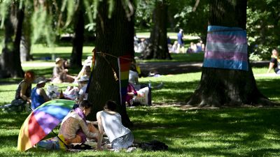 Pride firare hänger i parken efter demonstrationen.