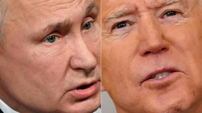 Ett bildcollage på Vladimir Putin och Joe Biden.