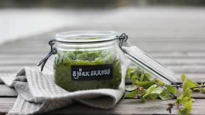 Glasburk med grön björkskrubb på brygga