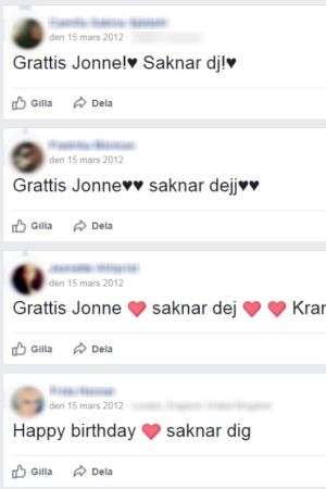 Skärmdump från Jonnes minnessida. En skärmdump från en minnessida, uppdateringen lyder grattis, saknar dig.