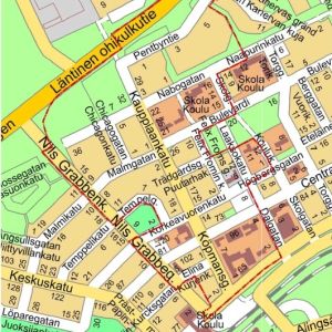 Karta över området som nu planläggs. En karta som visar vilket område i Karis centrum som ska få en ny detaljplan.