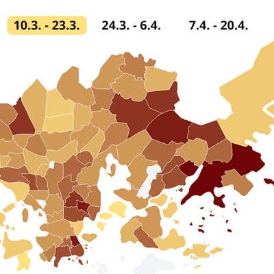 Koronaviruksen ilmaantuvuuden muutos Helsingin eri osissa 10.3. - 20.4.