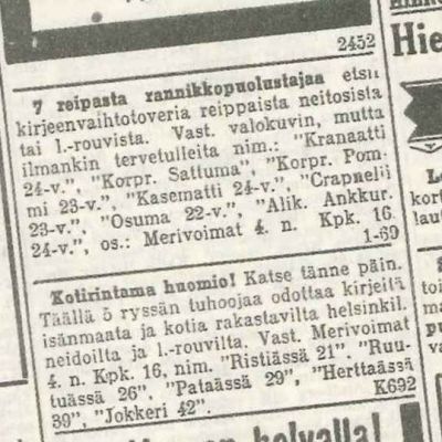 Sota-ajan seuranhakuilmoituksissa käytettiin melko suorasukaistakin kieltä.
