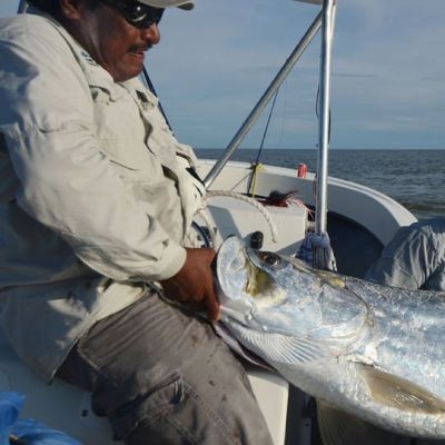 Kuvassa Ville Koivukoski veneessä pyytämänsä ison tarponin kanssa