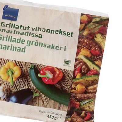 Rainbow grillatut vihannekset marinadissa tuotepakkaus.