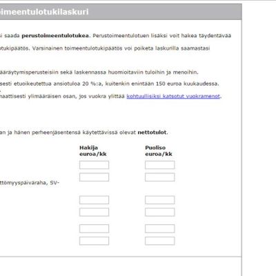 Toimeentulotukilaskuri Tampereen kaupungin nettisivuilla