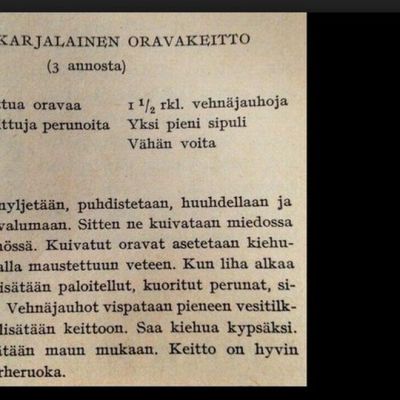 Pohjoiskarjalaisen oravakeiton resepti.