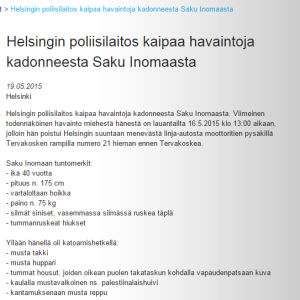 Poliisin tiedote Saku Inomaan katoamisesta