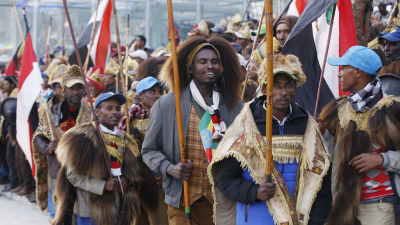 Milismän i Etiopiens huvudstad Addis Abeba protesterar mot Tigray folkets befrielsefront.