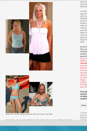 Jenna visar upp före- och efterbilder i sin blogg. Skärmdump från Jennas blogg, med bilder på henne före och efter insjuknandet.