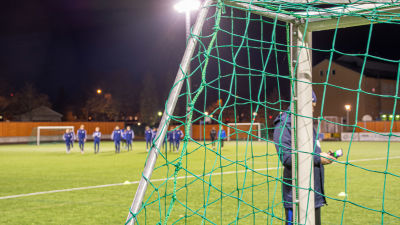 Kanten av ett fotbollsmål. I bakgrunden syns fotbollsplanen och FC Futuras herrlag.
