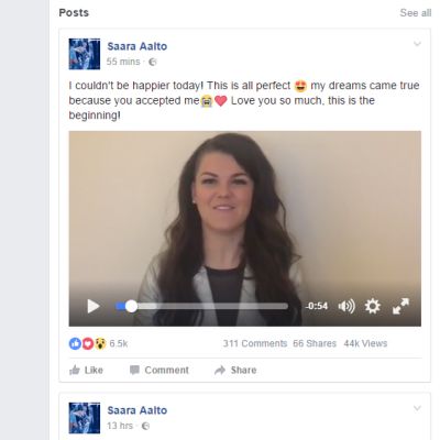 Saara Aalto kiitti äänestäjiään Facebook-videossa 12. joulukuuta.