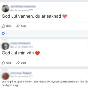 Skärmdump från Jonnes minnessida. Skärmdump från minnessida, statusuppdateringarna lyder god jul min vän.