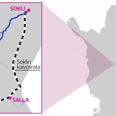 Kartta, jossa paikkakunnat Kemijärvi, Salla, Savukoski, Martti ja Sokli. Merkittynä myös Soklin kaivosradan ja kaivosmaantien reitit.