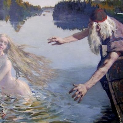Yksityiskohta Akseli Gallen-Kallelan Aino-triptyykin keskimmäisestä osasta. Ilkkuva Aino hyppää veneestä ja pakenee. Väinämöinen harottelee käsiään.
