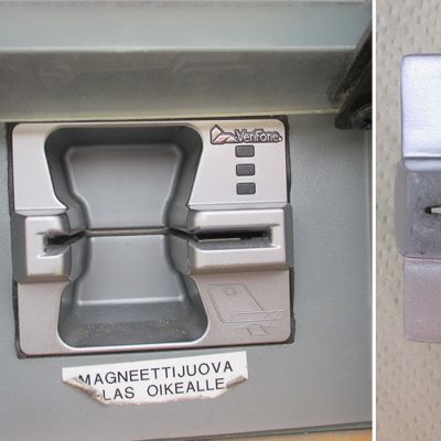 Alkuperäinen kortinlukija ja sen päälle asennettu väärä lukija, joka taltioi maksukortin tiedot.