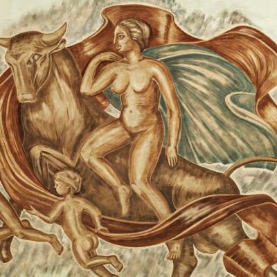 Toivo Vikstedtin elokuvateatteri Capitolin saliin maalaaman kattofreskon yksityiskohta. Lydia kiipesi tikapuille toimiessaan mallina työlle. Nykyisin tiloissa toimii Teatteriravintola Apollo.