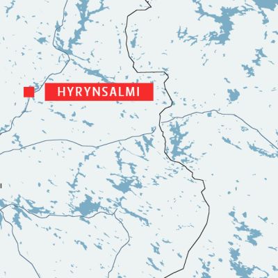 Karttakuva, jossa näkyy Hyrynsalmi ja Kajaani.