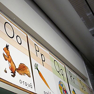Aakkoset liitutaulun yläpuolella