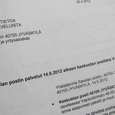 Tiedote Savelan postin sulkemisesta Jyväskylässä.