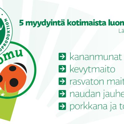 Myydyimmät kotimaiset luomutuotteet.