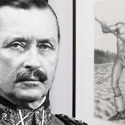 Käsitelty kuva, jossa Carl Gustaf Emil Mannerheimin kasvot liitetty Tom of Finland -näyttelystä otettuun valokuvaan.