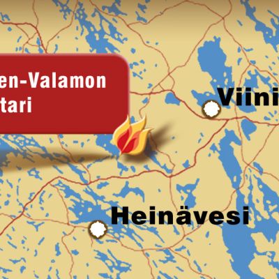Kartta, johon merkitty Valamon luostari, Viinijärvi ja Heinävesi.