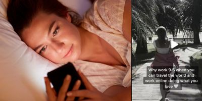 Småleende kvinna ligge ri säng och ser på sin telefon, i bakgrunden en sovande man