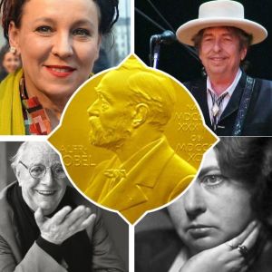 Ett collage med författare som erhållit Nobelpriset i litteratur.