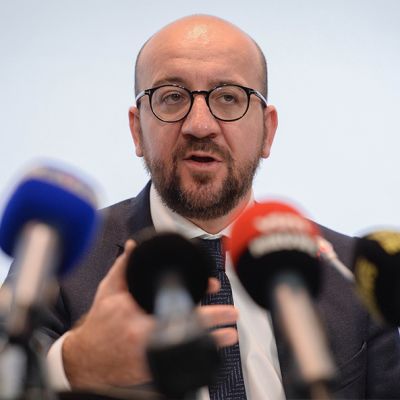 Belgian pääministeri Charles Michel tiedotustilaisuudessa Brysselissä lauantaina.