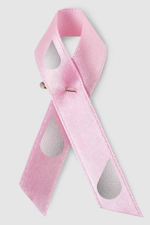 En halv miljon rosa band har kommit till försäljning. Rosa band med gråa droppar mot en ljusgrå bakgrund.