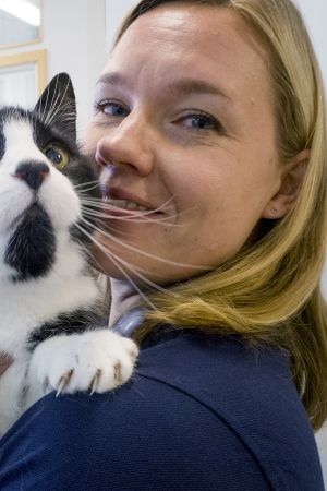 Eläinlääkäri Jenni Nystedt pitelee sylissään Teppo-kissaa.