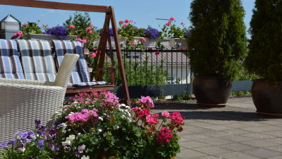 En balkong med blommor i krukor och en gunga.