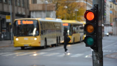 En buss står vid ett övergångsställe, ett rött trafikljus i förgrunden.