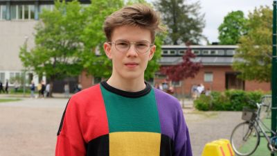 en gymnasiestuderande, ung kille, i kort mörkt hår och spräcklig tröjja.